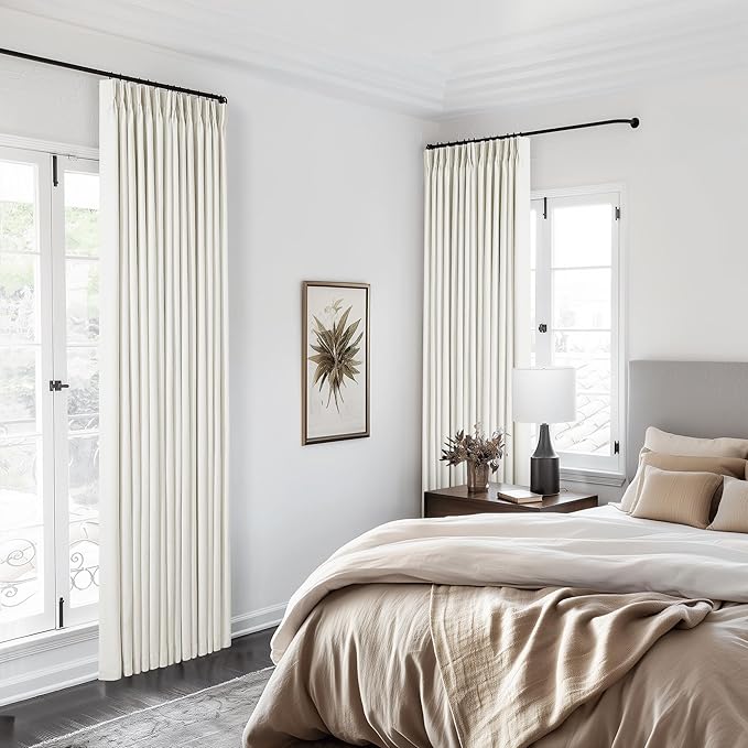 Pinch Pleated Linen Blackout Curtains 96 Inches Long for Living Room 2 Panel Set Cream Ivory 100% Black Out Pinch Pleat Hooks Rings Back Tab 96 Inch Curtain 2 Layer Drapes with Liner Bedroom Window
