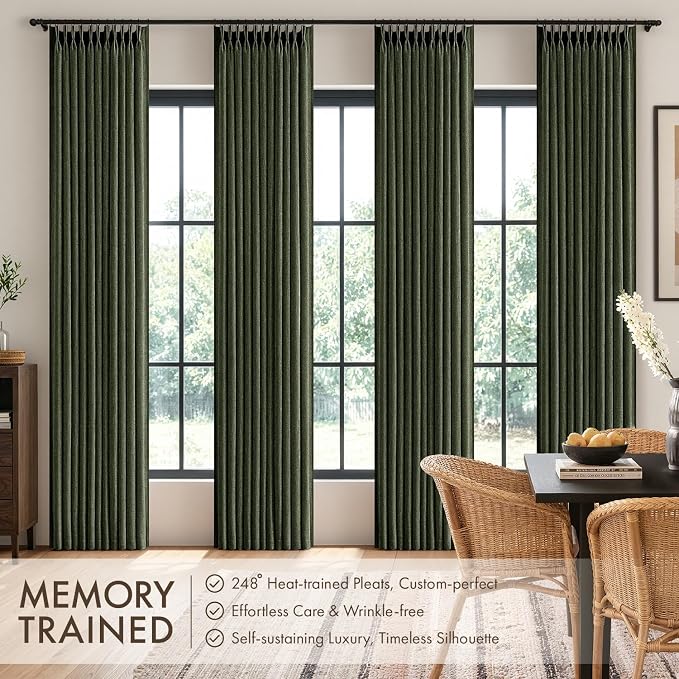 MIULEE 4 Panels Set Pinch Pleated Linen Curtains 102 Inches Long for Living Room Bedroom, Thick Linen Textured Drapes Pleat Back Tab Memory Trained Light Filtering Boho Olive Green Window Curtains