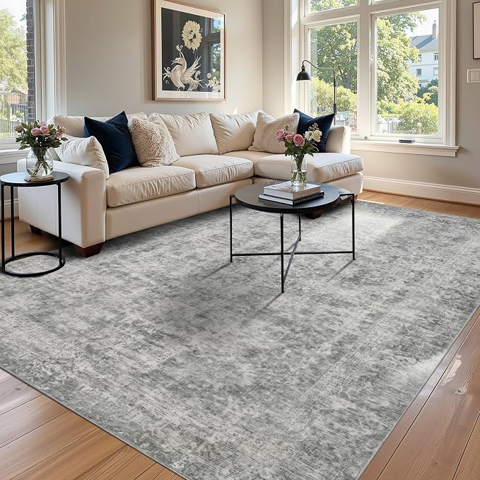 Rugxara Grey 6x9 Area Rugs Washable Rug for Living Room Dining Room Bedroom | Non Slip, Rug for Office Farmhouse Kids Room, Stain Resistant, Soft, Low Pile, Vintage Boho Floral Retro Carpet, Home Decor