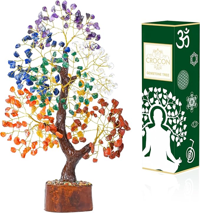 Crocon® Crystal Tree of Life 7 Chakra Healing Crystal Trees, Birthday Gifts Women, Sister & Mom | Home Decor, Gemstone Trees for Positive Energy, Good Luck Office Desk Decor, Housewarming Gift Home