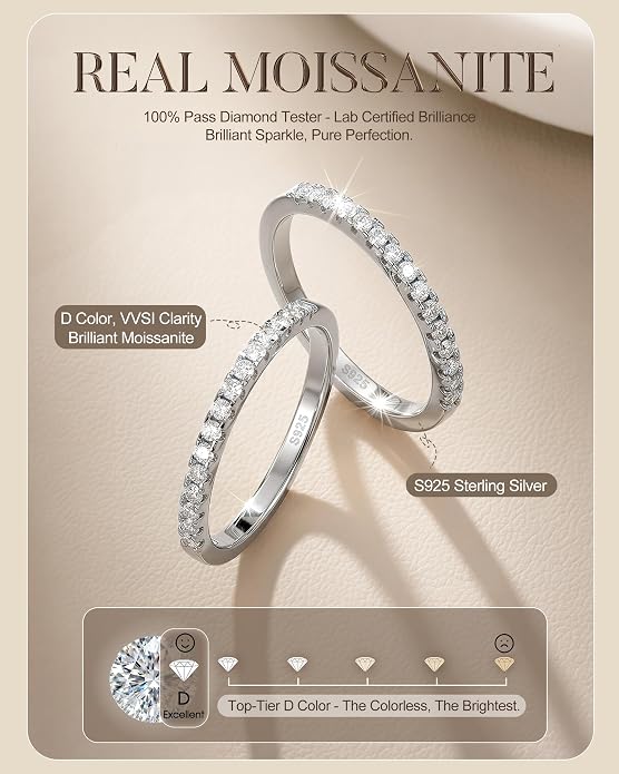 GEMQUEEN 2Pcs Moissanite Rings for Women : 18K White Gold Plated 925 Sterling Silver Engagement Ring Eternity Wedding Band Dainty Moissanite Stackable Jewelry Set D Color VVS1 Clarity Size 4-10