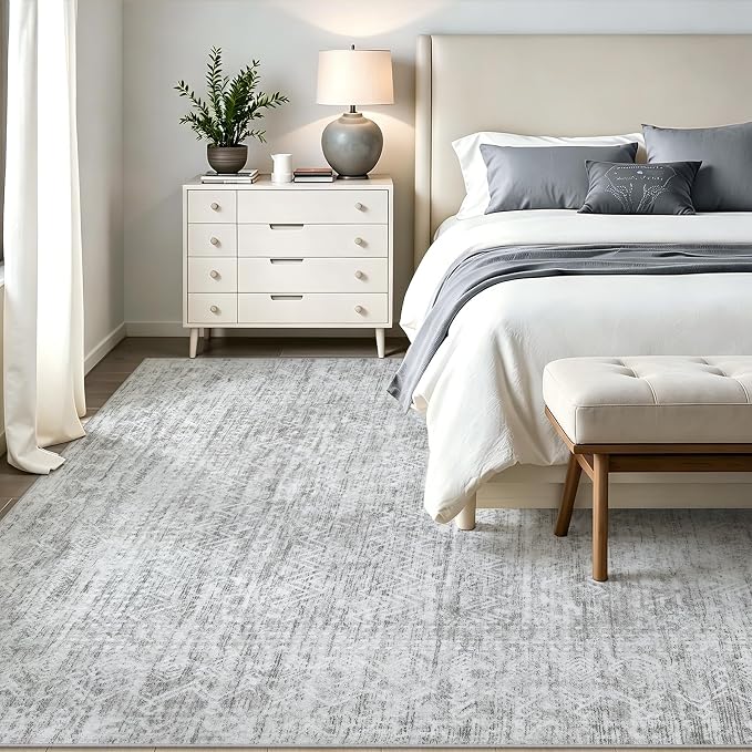 5X7 Area Rug for Living Room, Washable Moroccan Geometric Rug Soft Non-Slip Rubber Vintage Boho Large Rug, Low Pile Farmhouse Carpet for Bedroom Dining Room Nursery Modern Office (Gray, 5'x7')