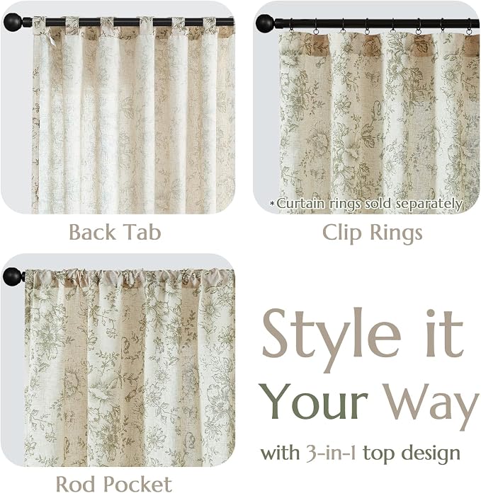 jinchan Green Floral Linen Curtains 84 Inch Farmhouse Back Tab 2 Panels | Light filtering drapes, semi sheer, farmhouse, cottagecore, rustic, living room, bedroom, rod pocket, window treatment