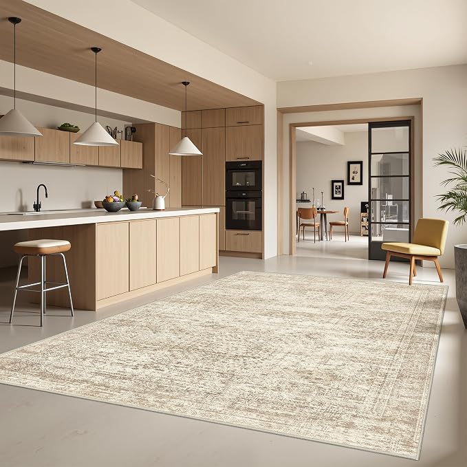6x9 Area Rugs for Living Room,Large Washable Rug,Beige | Rugs for Bedroom,Dining Room,Office,Low Pile,Soft, Neutral Rug,Stain Resistant Indoor Carpet,Non Slip,Home Decor