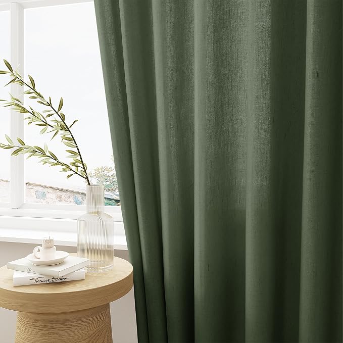Olive Green Pinch Pleated Linen Curtains 108 Inches Long Semi Sheer | Light Filtering, Ceiling to Floor, Pinch Pleat Drapes, 108 Inch Length, for Living Room Bedroom, With Hooks Rings, 1 Panel