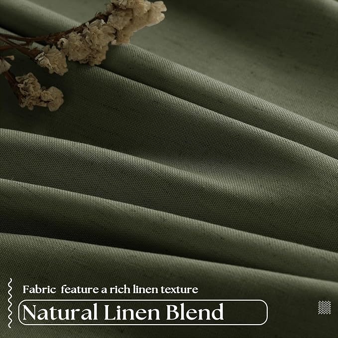 Olive Green Pleated Linen Blackout 102 Inch Curtains for Bedroom 2 Panels | 100% Black Out Thermal Insulated, Pinch Pleat with Rings Hooks, Room Darkening Drapes with Liner, for Living Room W40xL102
