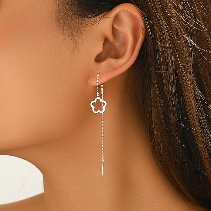 Flower Threader Drop Earrings for Women, 925 Sterling Silver Dainty Hollow Floral Dangle Earrings to Daughter Mother 14k Gold Plated Flowers Long Tassel Chain Earring Birthday Wedding Jewelry Gift