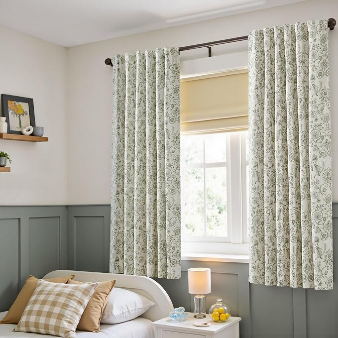 jinchan Green Floral Blackout Curtains 63 Inch Farmhouse Back Tab 2 Panels | Green on beige, room darkening, traditional vintage drapes, bedroom, living room, botanical, flower print, window treatment
