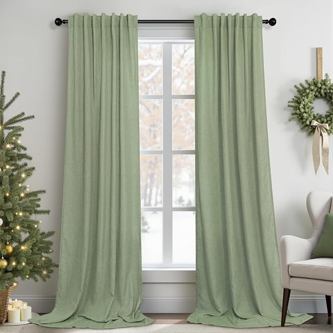 Pitalk Sage Green Curtains 5 FT Wide by 84 Inches Long for Bedroom 2 Panel Back Tab Pocket Sheer Linen Large Drape Light Filtering Extra Wide Curtain for Living Room Dining Hall Hallway 60x84 Length