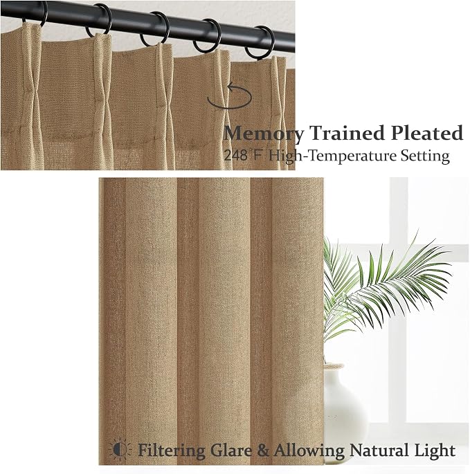 Pleated Linen Rust Brown Curtains 84 Inches Long 2 Panels Set for Bedroom, Memory Trained Pinch Pleat Light Filtering Semi Sheer Window Drapes Living Room Rustic Curtain 84 Inch Length with Back Tab