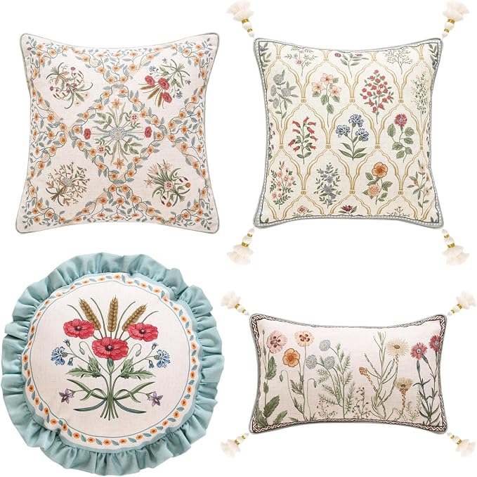 ISAENNE Designer Elegant Linen Throw Pillow Cover,Set of 4-Serenity ABCD | French Cottage Pillow Cover,Concealed Zipper,Floral Pattern,Sofas,Bedroom,Living Room,Lounge Chairs,All Season Home Decor