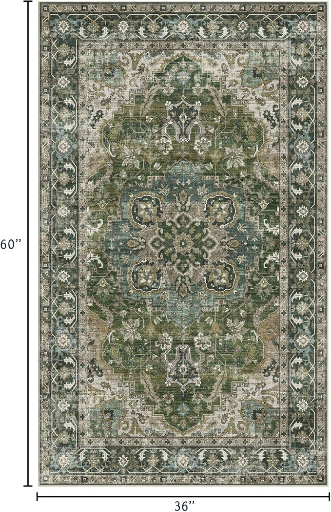 LUXRUG 3x5 Washable Area Rug - Small Entryway Rug Non-Slip Moss Green Vintage Oriental Kitchen Rugs Low Pile Boho Carpet Throw Rugs for Living Room Bedroom Bathroom Entrance Dorm Office Home Decor