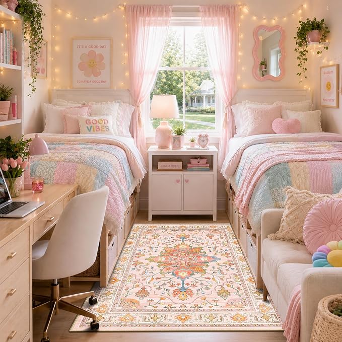 RELEANY Area Rugs 3'x5' Washable Non-Slip, Floral Vintage Distress Medallion Carpet for Living Room Bedroom Dining Room, Light Pink Colorful