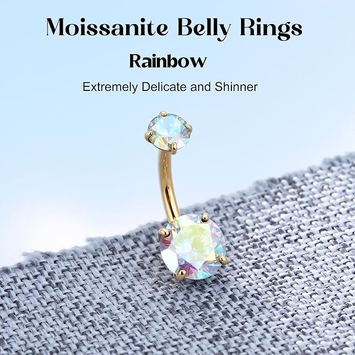 GEMQUEEN Moissanite ＆ G23 TItanium Belly Button Ring 18K Gold Plated Hypoallergenic Internally Threaded Belly Rings 14G Navel Piercing Jewelry For Women Men D Color VVS1 Clarity Brilliant Cut
