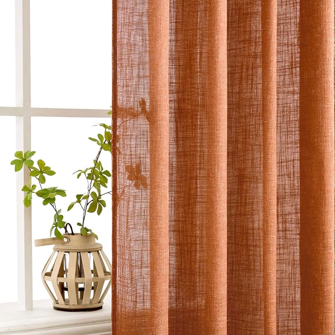 MIULEE Orange Curtains 84 Inch Length 2 Panels for Bedroom Living Room, Soft Thick Linen Textured Window Drapes Semi Sheer Light Filtering Back Tab Rod Pocket Burlap Look Fall Boho Decor