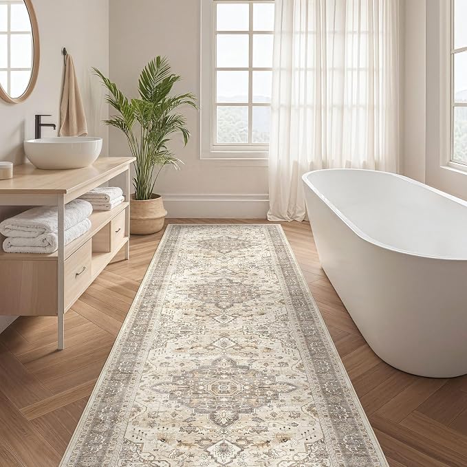 Runner Rug Kitchen Washable Rugs: 2x5 Non-Slip Boho Soft Vintage Stain Resistant Indoor Floor Neutral Farmhouse Throw Carpet for Hallway Bathroom Laundry Room Entryway Bedroom- Brown