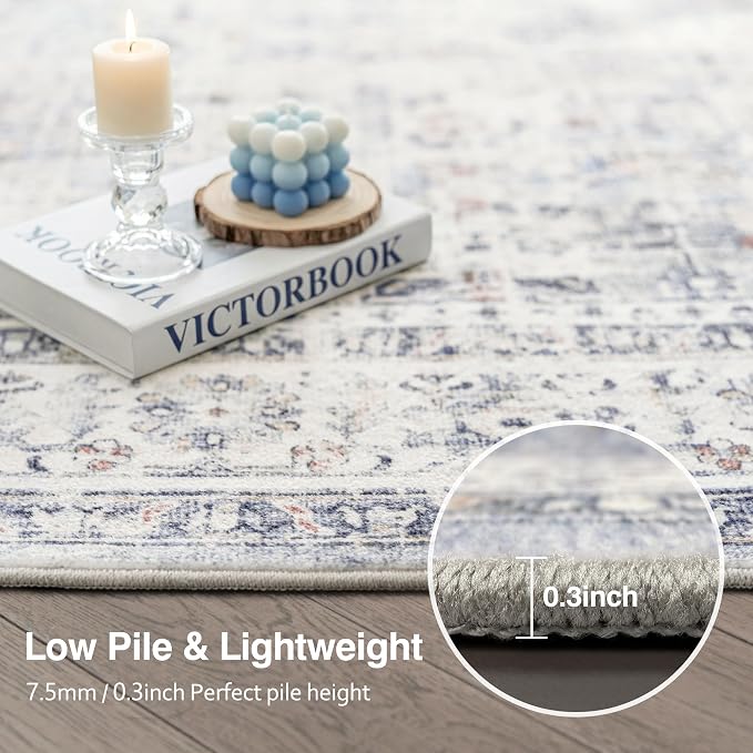 FMFUNCTEX Entryway Rug 2x3 Blue Washable Neutral Vintage Distressed Oriental Door Mat Non Slip Low Pile Indoor Carpet Soft Retro Small Throw Area Rugs for Entry Entrance Bedroom Kitchen Bathroom