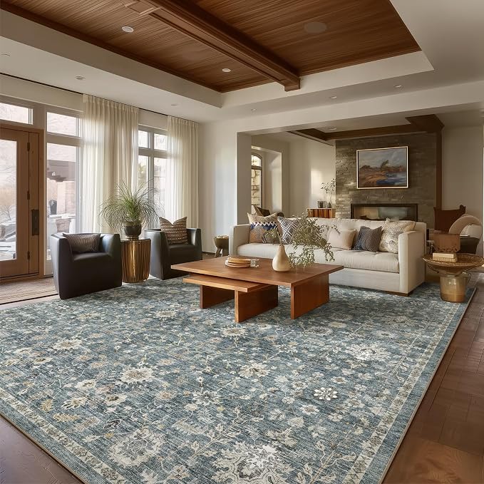 Washable Rugs for Living Room: 9x12 Area Rugs for Bedroom Ultra Soft Non-Slip Stain Resistant Vintage Boho Large Carpet for High-Traffic Dining Room - Farmhouse Decor