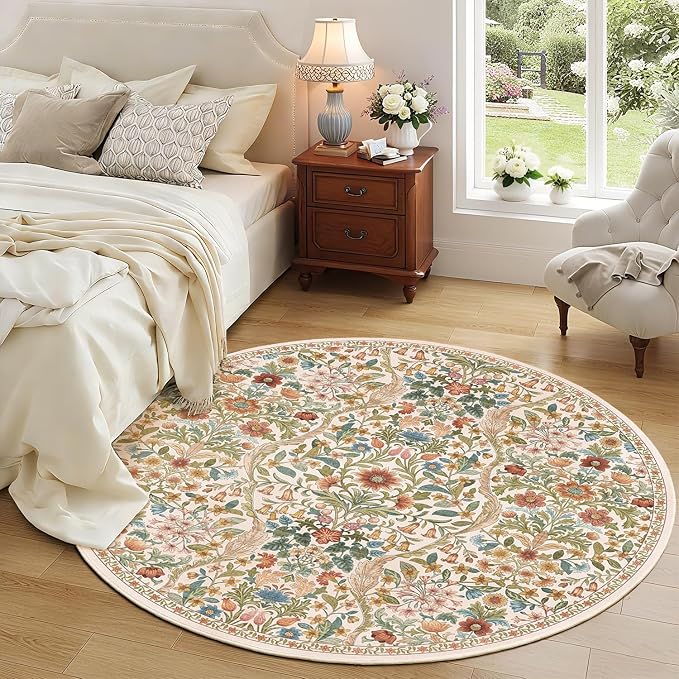 Round Rug 6ft Beige Washable Floral Circle Rug,Vintage Boho Botanical Round Area Rugs, Non-Slip Soft Low-Pile Circular Carpet for Bedroom,Kids Room,College Dorm,Home Decor
