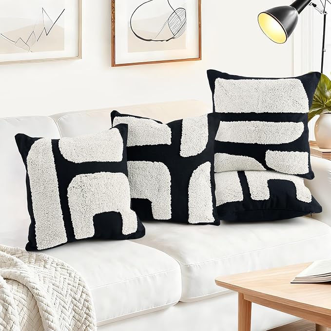 LandIdyll 4 Pcs Black and Cream Chunky Tufted Pillow Covers 18 x 18 Inch Boho Black and White Throw Pillow Covers Set Decorative Modern Abstract Geometric Pillowcase for Living Room Bed Couch Sofa