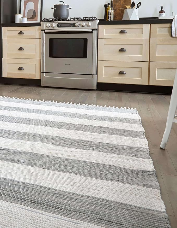 Unique Loom Chindi Rag Collection Area Rug - Striped (7' 10" x 11' Rectangle, Gray/ Ivory)