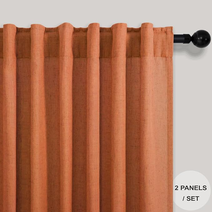 Burnt Orange Linen Curtains 63 Inch Length for Bedroom 2 Panels Set Back Tab Pocket Semi Sheer Light Filtering Curtains for Dining Room Nursery Boys Toddlers Funky Pop Colored Copper Rust Decor 52x63