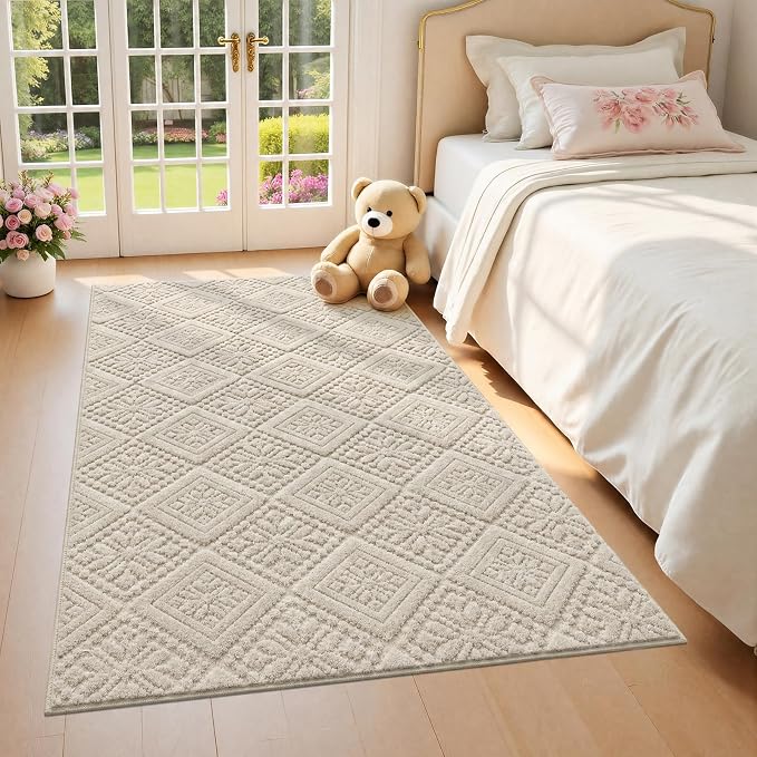 U'Artlines 3x5 Beige Washable Area Rug for Living Room, Soft Fluffy High Low Textured Carpet, Modern Neutral Geometric Non Slip Rugs for Bedroom Dining Room Kids Room