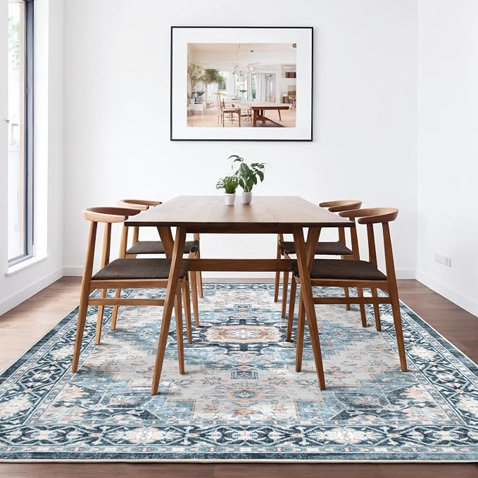 Washable 6×9 Area Rug for Living Room, Vintage Floral Rug Soft Non Slip Stain Resistant Boho Carpet for Indoor Bedroom Dinning Room Home Office Blue/Ivory