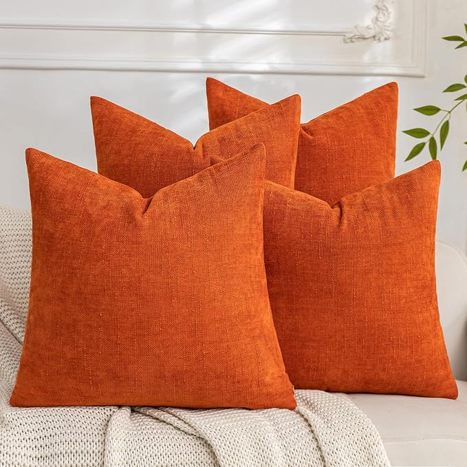 Set of 4 Soft Textured Decorative Throw Pillow Covers 22x22 Inch Cozy Farmhouse Cushion Cover Square Accent Pillow Cases for Bed Couch Sofa Living Room, Burnt Orange