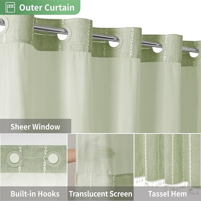 eachope No Hook Extra Long Shower Curtain Set with Snap-in Liner,Linen Textured Thick Striped Fabric with Tassels,Boho Chic Modern Farmhouse Bathroom Curtain,Water-Repellent,Sage Green,71x86
