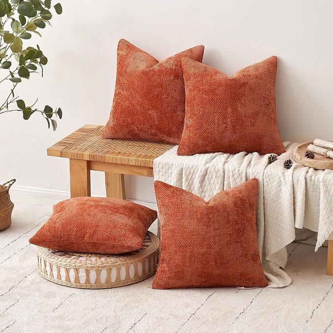 MIULEE Pack of 4 Couch Throw Pillow Covers 20x20 Inch Burnt Orange Soft Decorative Chenille Pillow Covers Farmhouse Accent Cushion Covers for Boho Fall Home Decor Sofa Bedroom Living Room