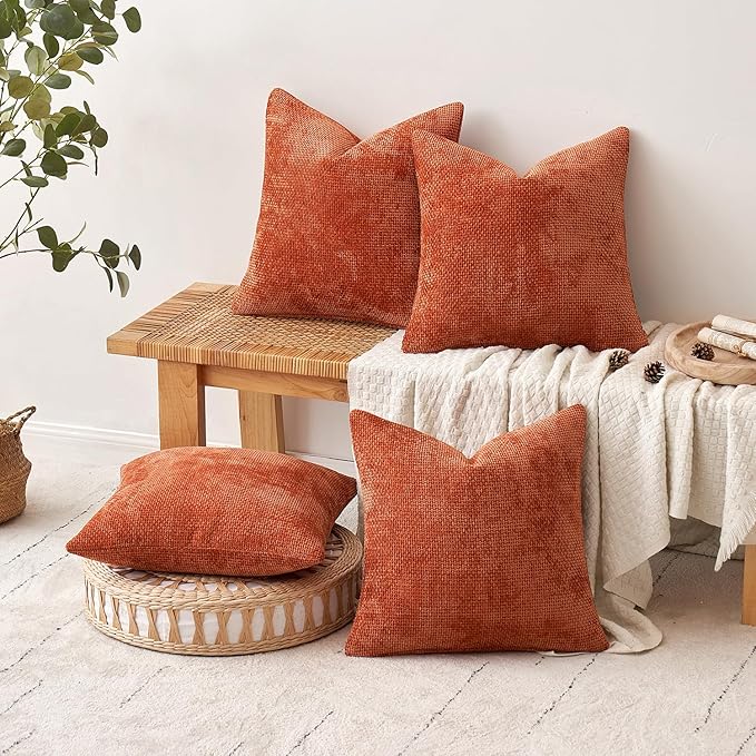MIULEE Pack of 4 Couch Throw Pillow Covers 16x16 Inch Burnt Orange Soft Decorative Chenille Pillow Covers Farmhouse Accent Cushion Covers for Boho Fall Home Decor Sofa Bedroom Living Room