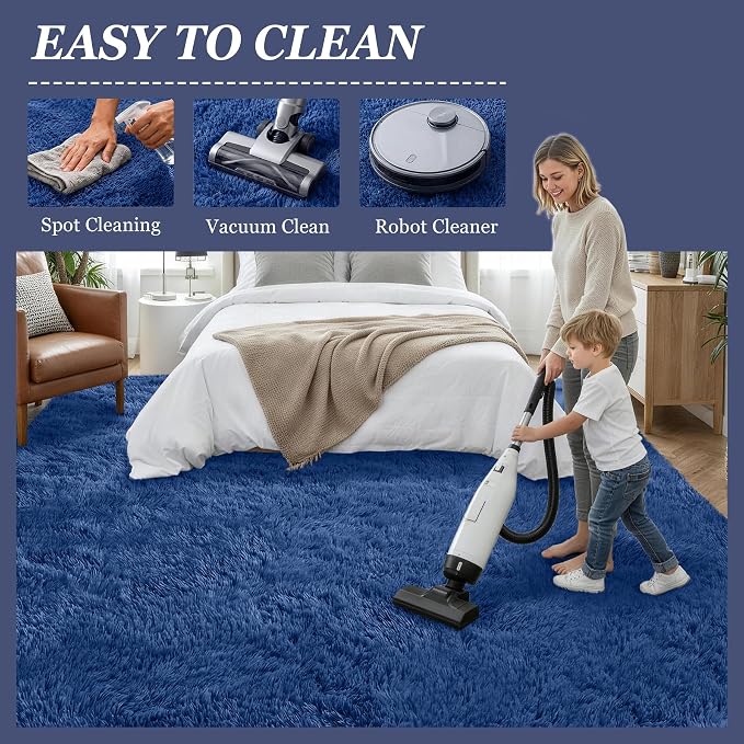 Fluffy Area Rugs 9x12 Living Room Bedroom: Ultra Soft Shag Rug Upgrade Non-Slip Non-Shedding Large Fuzzy Plush Carpet Indoor Floor Carpets for Kids Room Playroom Nursery Dorms Home Decor Blue