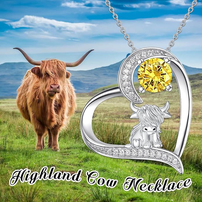 Highland Cow Gifts for Women 925 Sterling Silver Highland Cow Birthstone Necklace Fluffy Cow Jewelry Gifts Birthday Christmas