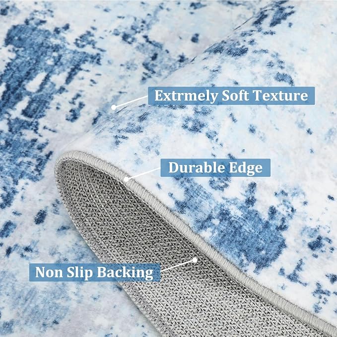 ROYHOME Modern Abstract 2x10 Runner Rug Non Slip Non Shedding Low Pile Stain Resistant Rug for Hallway Kitchen Bedroom, Light Blue