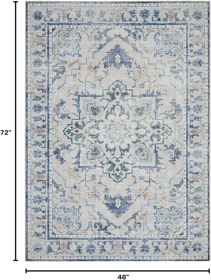 Joydeco 4x6 Area Rugs for Living Room, Non Slip Machine Washable Vintage Rug, Low Pile Chenille Print Rugs for Bedroom, Dining Room, Home Office, Pet & Child Friendly, Blue&Grey