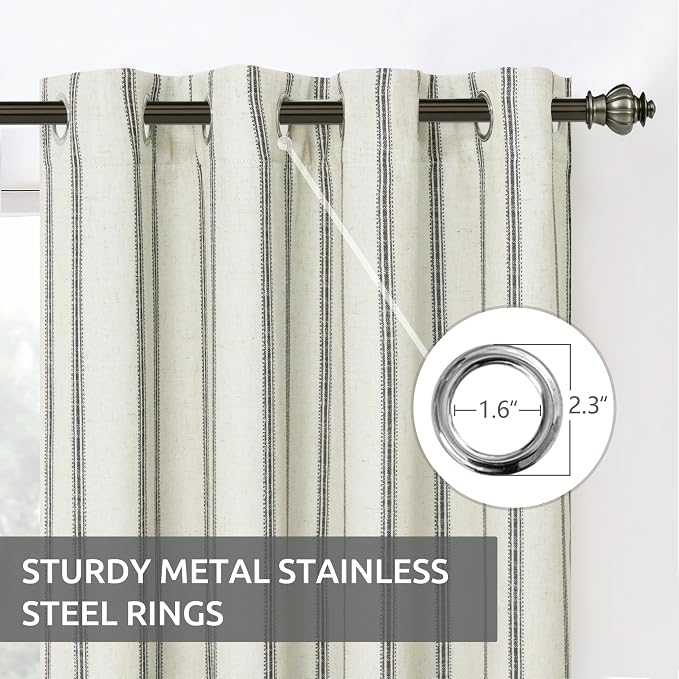DriftAway Farmhouse Linen Stripe Blackout Curtains, W52xL63, Black | Blackout, Linen Texture, Stripe Pattern, Rod Pocket & Back Tab, Two Layers, Bedroom Living Room Use, Sound Reducing Design