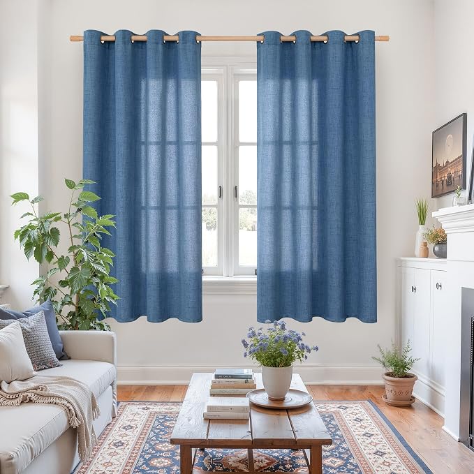 YoungsTex Navy Blue Linen Curtains 63 Inch Length 2 Panels Light Filtering | Semi Sheer Drapes with Bronze Grommet Privacy for Office Bedroom Living Room Window, 52 x 63 Inch