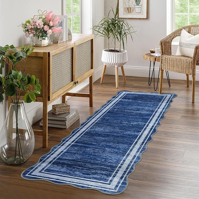 Garvee Scalloped Washable Runner Rugs for Hallway 2x6 Kitchen Runner Rug, Non Sip Bathroom Soft Rug Runner, Low Pile Modern Abstract Scalloped Indoor Carpet for Entryway Laundry Room Foyer, Navy Blue