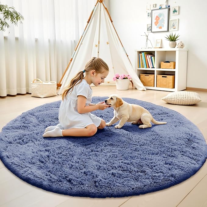 OLANLY Denim Blue Round Rugs for Bedroom - Machine Washable, 8 ft Circle Area Rugs for Living Room, Soft and Fluffy Shaggy Carpet for Teen Girl and Boys, Nursery Rooms, Dorms, Home Decor Aesthetic