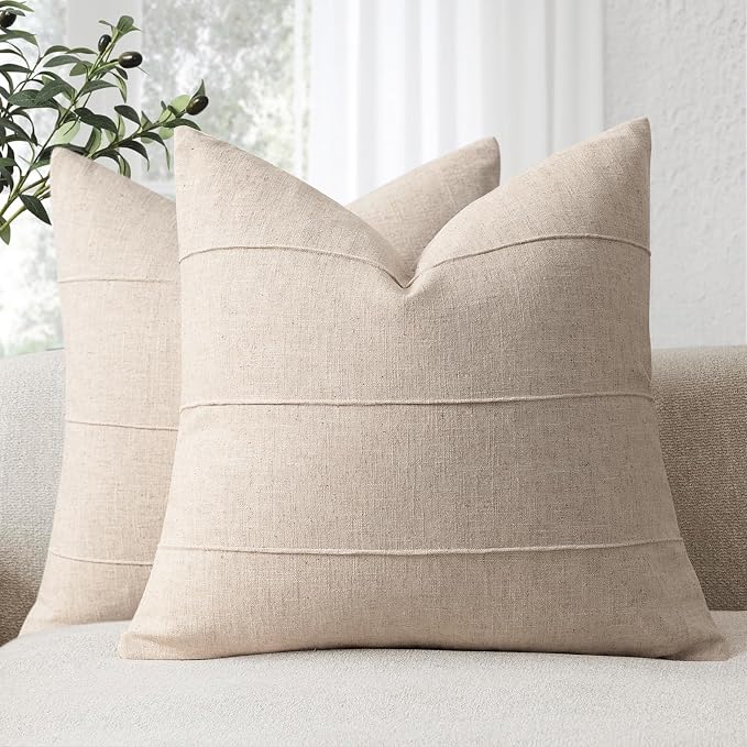 Decorative Linen Throw Pillow Covers 18x18 Set of 2 Solid handcrafted Striped Cushion Covers for Bed Soft Modern Farmhouse Neutral Pillowcase for Couch Bedroom Living Room Home Decor(Natural Beige)