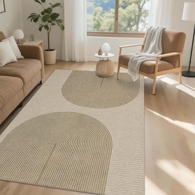 Easy Jute Rug for Pet Homes: 4x6 Outdoor Rug - Taupe Curve Pattern|Washable Design Cuts Your Cleaning Time by 75% and Maintain Shape and Texture After 50 Machine Wash Cycles