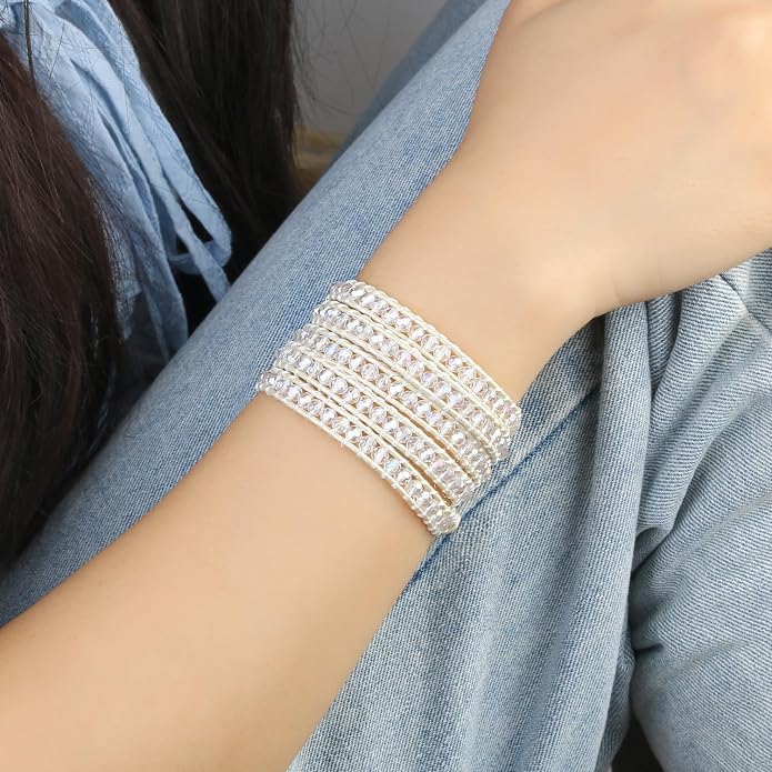 KELITCH Pearl Crystal Beads Bracelets Handmade Natural Leather 5 Wrap Bracelet for Women Classic Bangle Jewelry