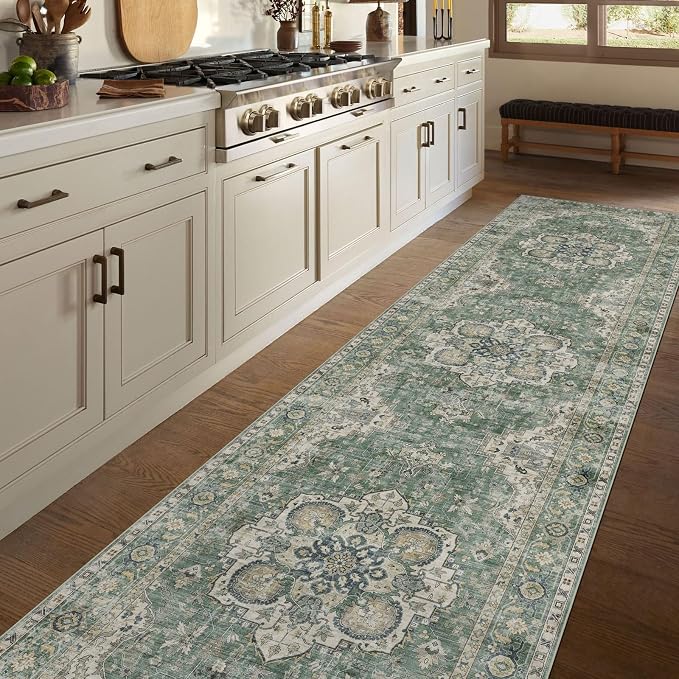 LUXRUG Washable Hallway Runner Rug 2.5x12ft - Long Non-Slip Sage Green Boho Runner Rug Low Pile Soft Vintage Farmhouse Oriental Runners for Hallways Kitchen Living Room Indoor Entryway Bedroom
