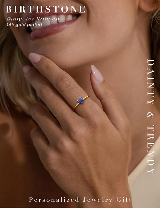 WFYOU Gold Heart Birthstone Rings for Women 14K Gold Plated Non Tarnish Stackable Pinky Cubic Zirconia Rings Emerald Dainty Gemstone Thumb Ring Band Cute Jewelry Birthday Gift Size 5-10