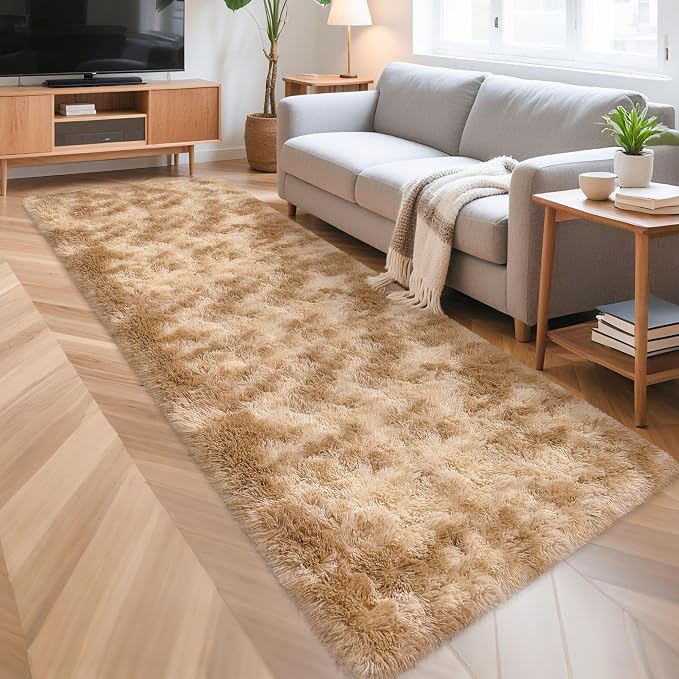 3x10 ft Plush Tie Dyed Light Brown Rug Soft Bedroom Runner Fluffy Cream and Brown Rug for Bedroom Bedside Living Room Hallway Nursery Kids Home Decor Shag Carpet