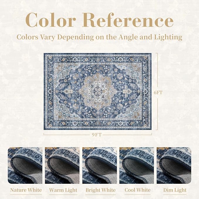 PADOOR 6X9 Area Rug,Rugs for Living Room,Soft Blue Rugs for Bedroom,Machine Washable Rug Non Slip Carpet for Dining Room Living Room Bedside Office