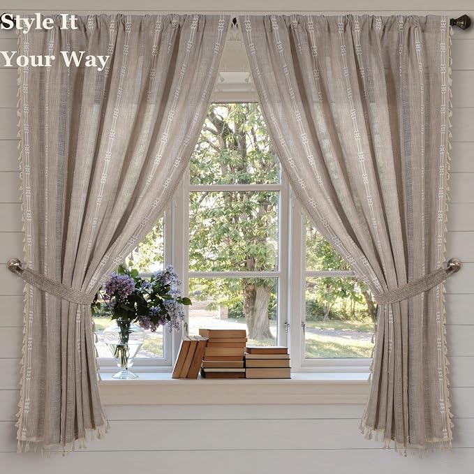 ColorBird Boho Curtains Linen-Textured for Living Room Bedroom Natural Brown 63 Inch Length Farmhouse Light Filtering Neutral Embroidered Striped Linen Drapes 2 Panels Window Treatment