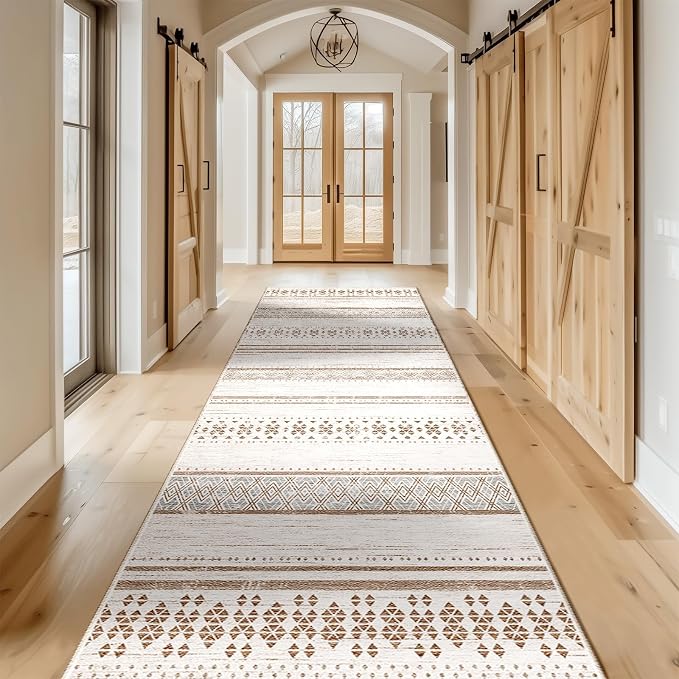 BESTSWEETIE 2x10 Area Rugs for Living Room Washable Moroccan Farmhouse Neutral Geometric Low Pile Non-Slip Soft Print Pattern Rug for Bedroom Kitchen Dining Room Entryway Cream/Brown/Pink