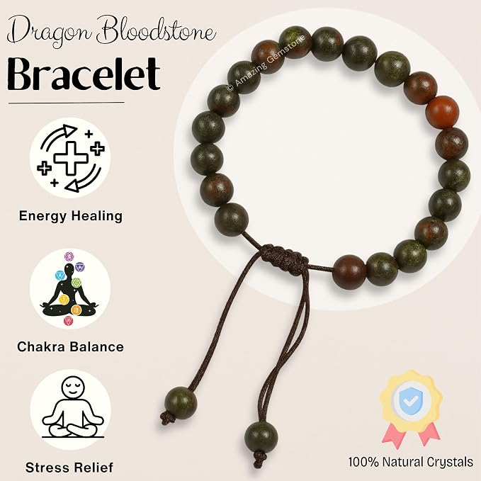 Amazing Gemstone Dragon Bloodstone Bracelet, Gifts for Men & Women - Protection Healing Crystal Bracelet - 8mm Gemstone Beaded Adjustable Bracelet, Pulseras para Hombres Mujer Stocking Stuffers